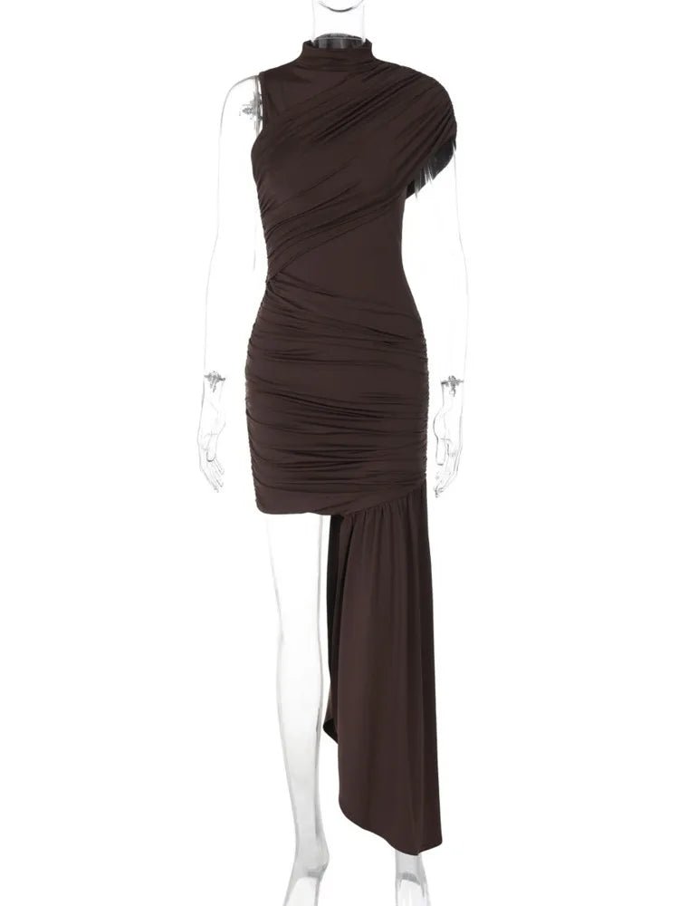 Mini Dress With Irregular Draped Ruched Detailing And High Waist Pleats Club Party Style - SN Wigs & More