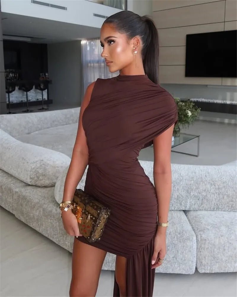 Mini Dress With Irregular Draped Ruched Detailing And High Waist Pleats Club Party Style - SN Wigs & More