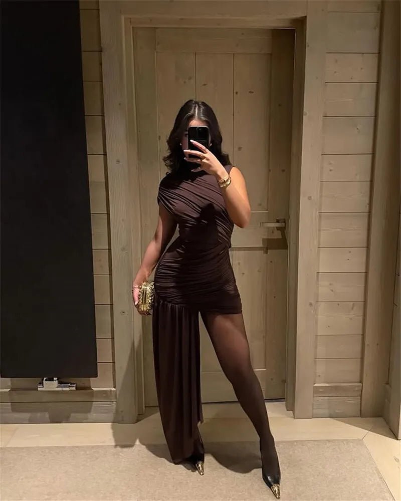 Mini Dress With Irregular Draped Ruched Detailing And High Waist Pleats Club Party Style - SN Wigs & More