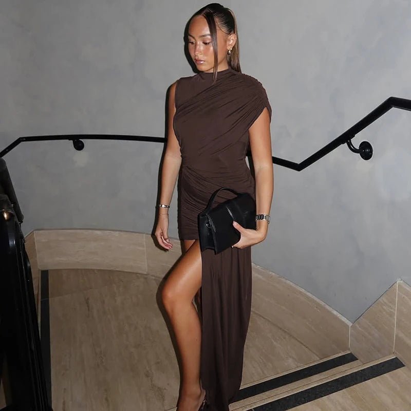 Mini Dress With Irregular Draped Ruched Detailing And High Waist Pleats Club Party Style - SN Wigs & More