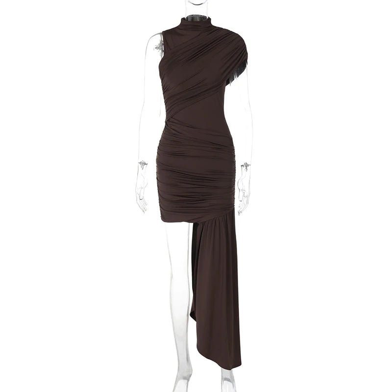 Mini Dress With Irregular Draped Ruched Detailing And High Waist Pleats Club Party Style - SN Wigs & More