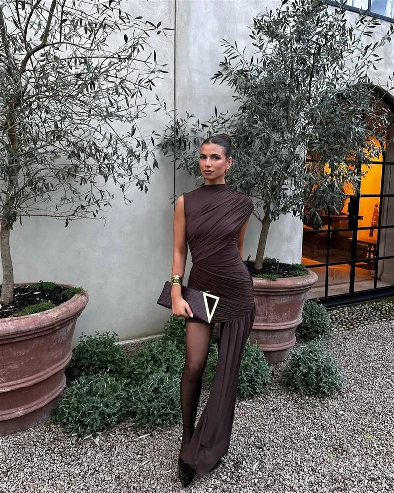 Mini Dress With Irregular Draped Ruched Detailing And High Waist Pleats Club Party Style - SN Wigs & More