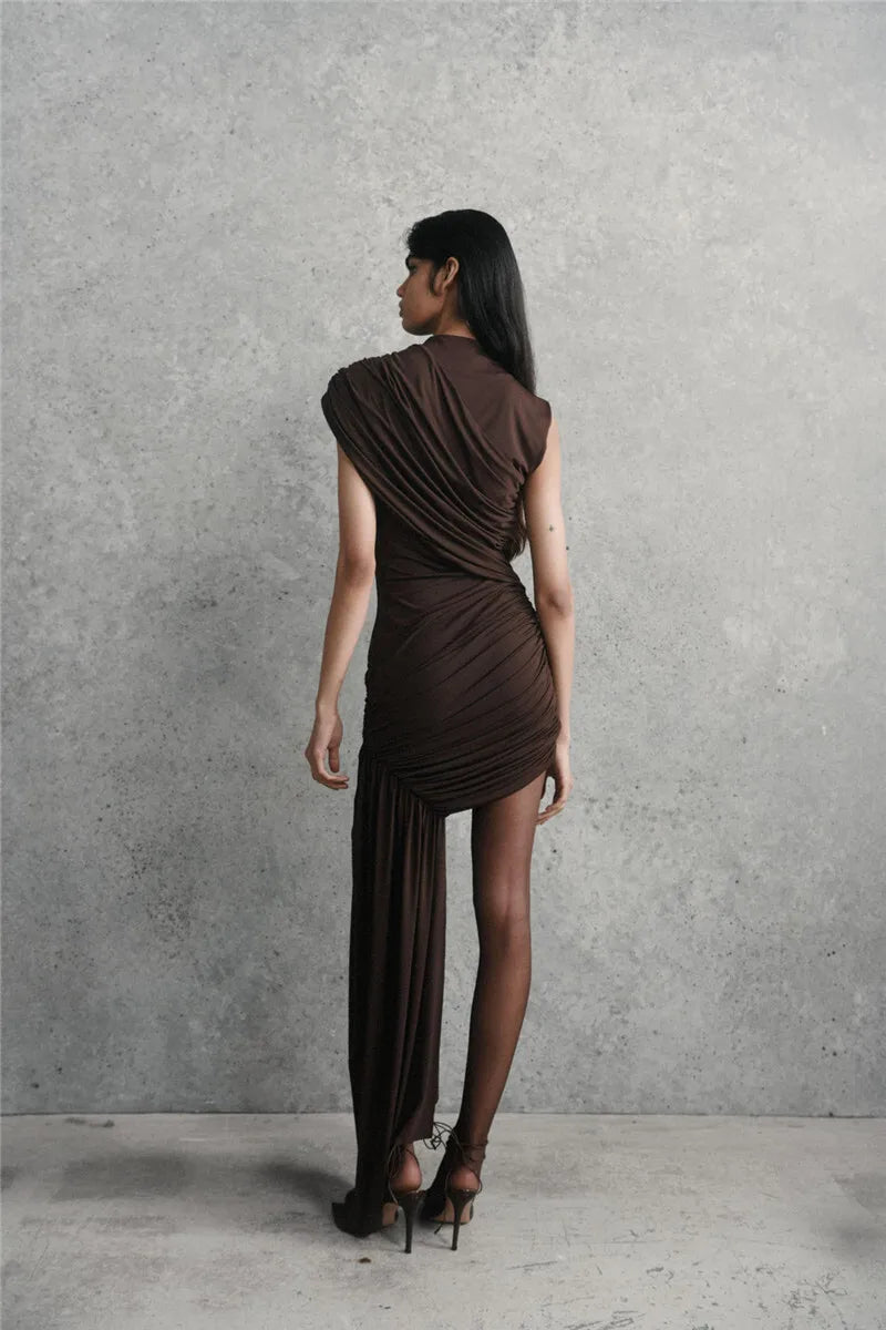 Mini Dress With Irregular Draped Ruched Detailing And High Waist Pleats Club Party Style - SN Wigs & More