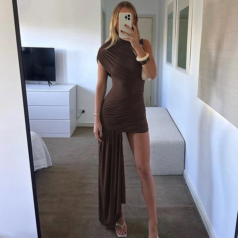 Mini Dress With Irregular Draped Ruched Detailing And High Waist Pleats Club Party Style - SN Wigs & More