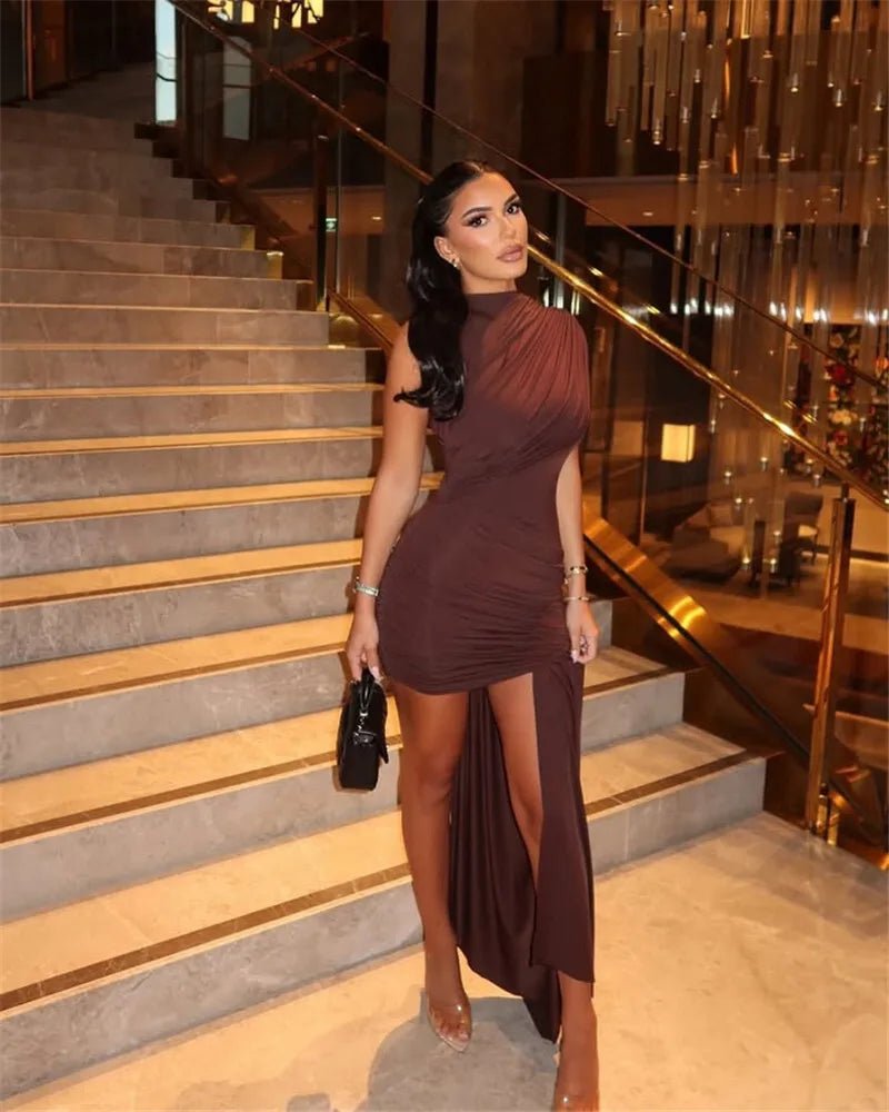 Mini Dress With Irregular Draped Ruched Detailing And High Waist Pleats Club Party Style - SN Wigs & More