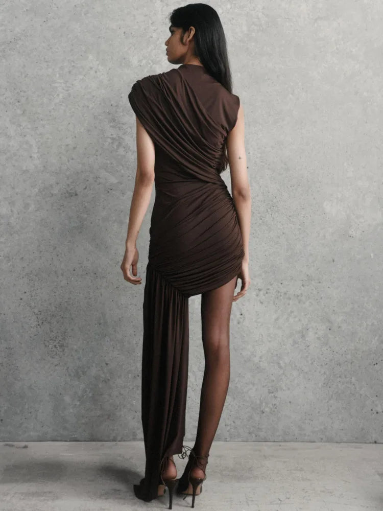 Mini Dress With Irregular Draped Ruched Detailing And High Waist Pleats Club Party Style - SN Wigs & More