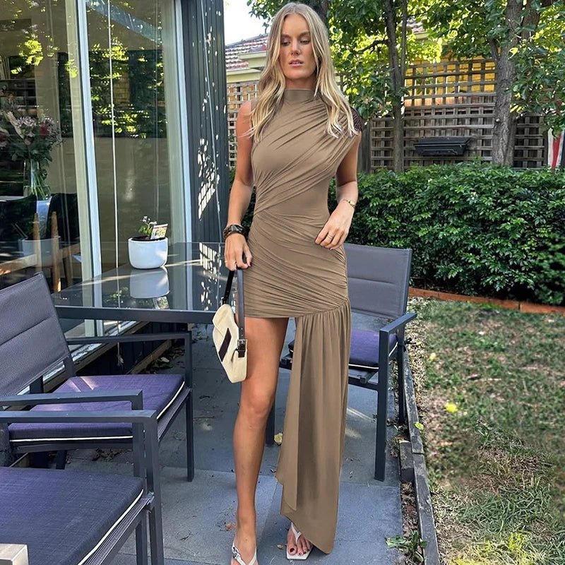Mini Dress With Irregular Draped Ruched Detailing And High Waist Pleats Club Party Style - SN Wigs & More