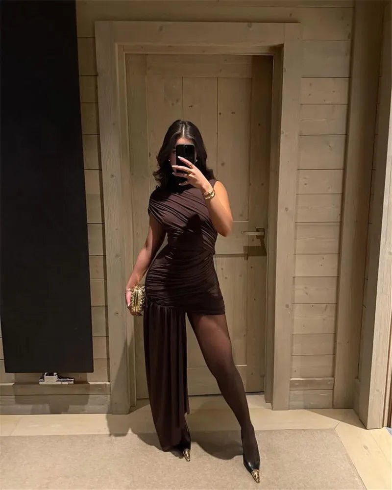 Mini Dress With Irregular Draped Ruched Detailing And High Waist Pleats Club Party Style - SN Wigs & More