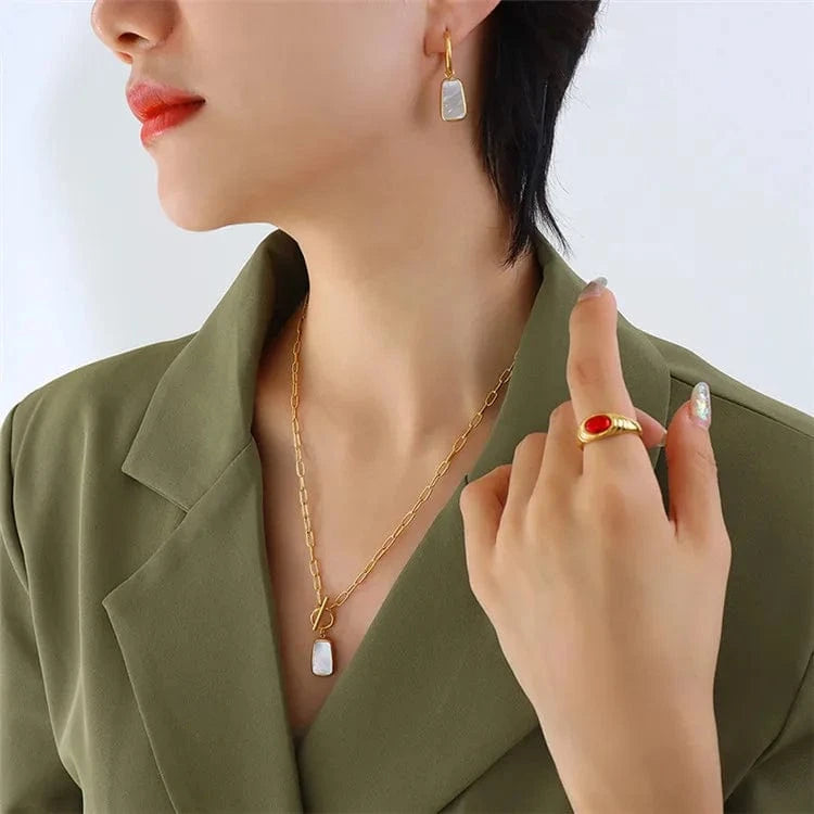 Minimalism Fashion Women Accessories White Sea Shells Pendant Ot Buckle Elegant Earrings And Necklace Jewelry Sets
