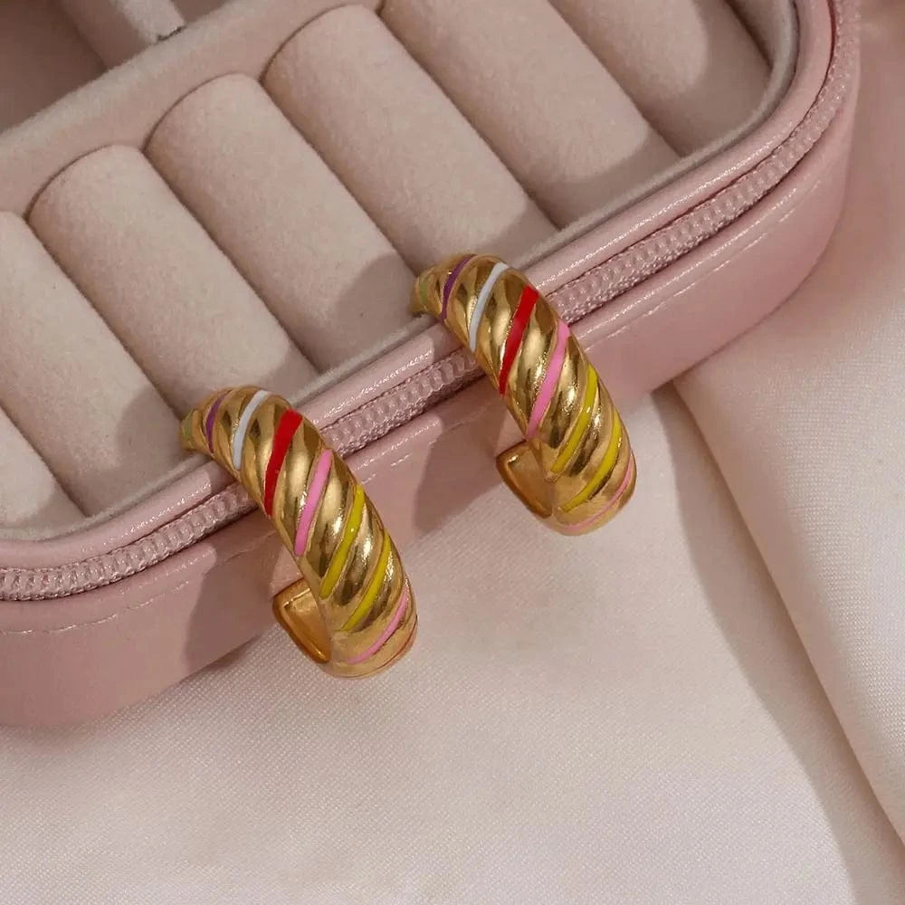 Minimalist Daily Jewelry Stainless Steel 18K Gold Wide Colorful Strips Hoop Earrings