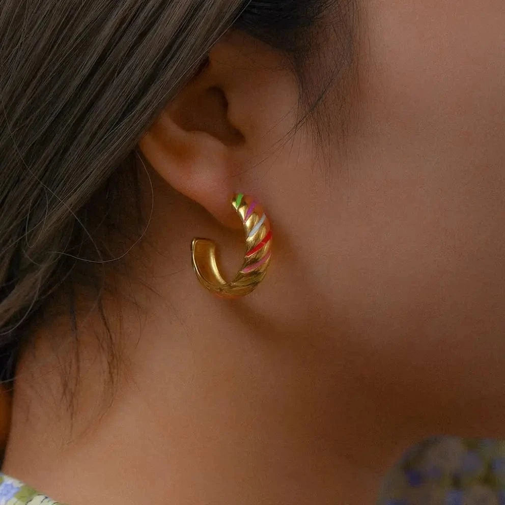 Minimalist Daily Jewelry Stainless Steel 18K Gold Wide Colorful Strips Hoop Earrings