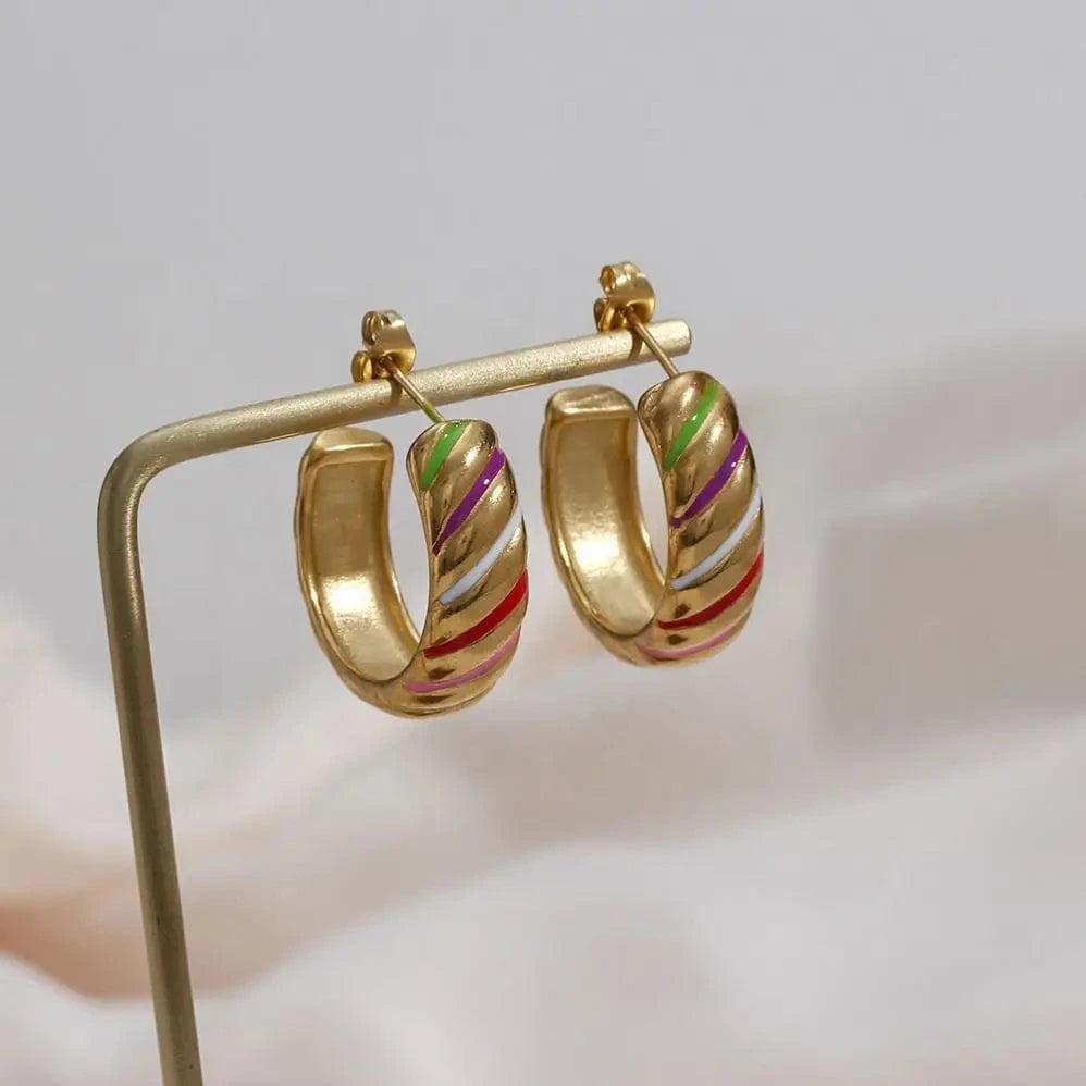 Minimalist Daily Jewelry Stainless Steel 18K Gold Wide Colorful Strips Hoop Earrings
