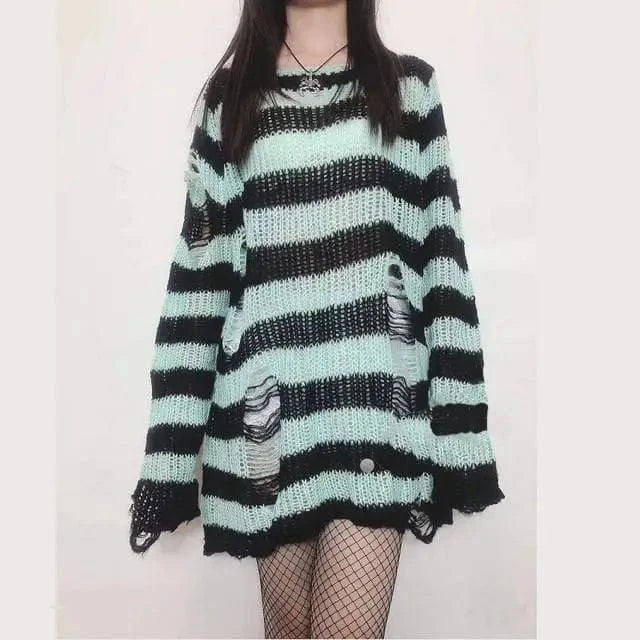 Mint long / Only Sweater Karrram Punk Gothic Sweater Emo Tops E-girls Mall Goth Pullovers Y2k Harajuku Grunge Clothes Alt Dark Aesthetic Striped Jumpers