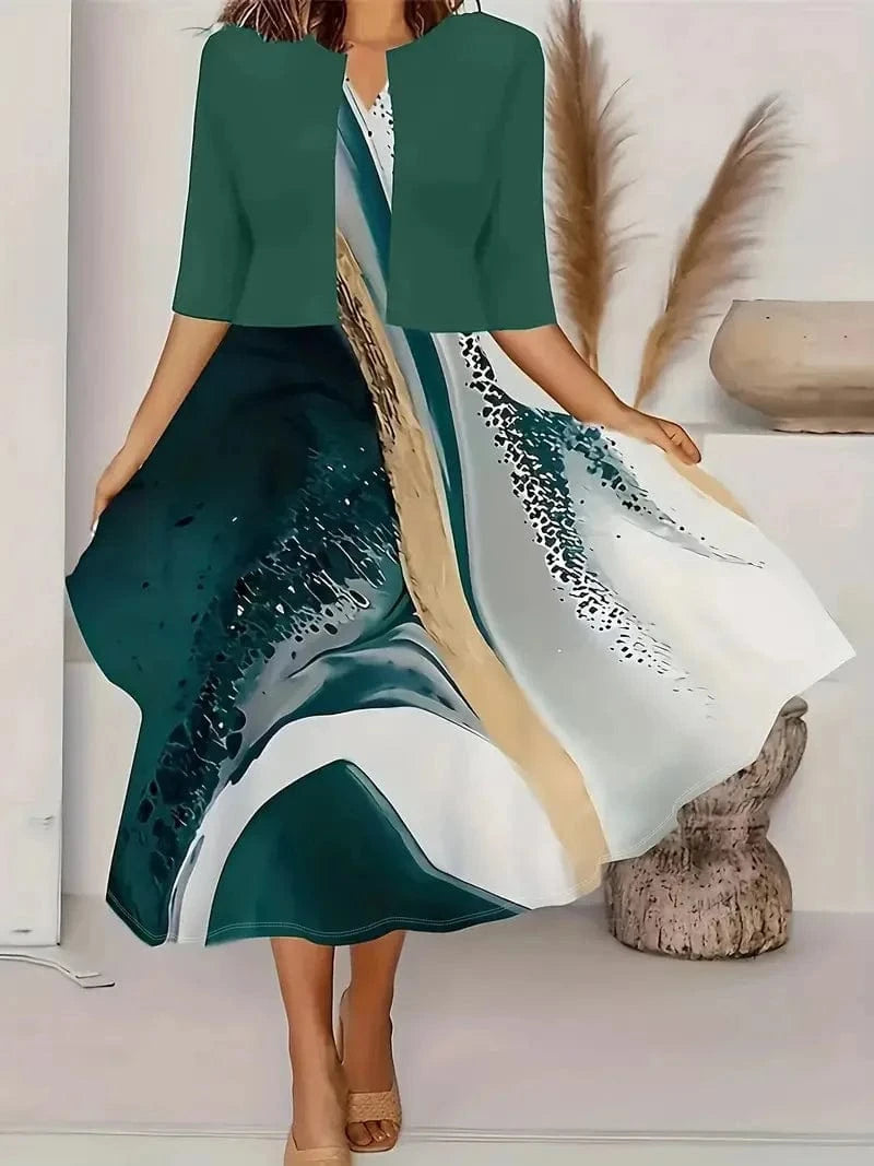 Mint / M 2024 Europe and the United States autumn new women's long dress two-piece set of floral print round neck dress coat women