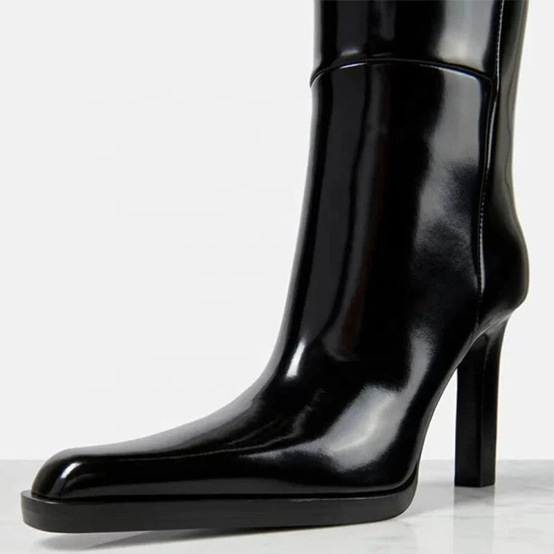 Mirror Patent Long Booties Women Slip On Knee High Boots Black Shiny Shoes Pointed Toe Small Chunky Heels Unique Design