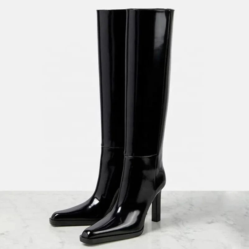 Mirror Patent Long Booties Women Slip On Knee High Boots Black Shiny Shoes Pointed Toe Small Chunky Heels Unique Design