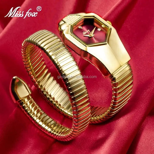 MISSFOX 2809 Women's Watches Unique Snake Shape Luxury Wrist Watch For Women Gold Quartz Ladies Watch Clock Relogio Feminino