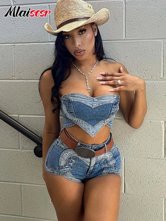 Mlaiscsr Blue Denim Patchwork Off Shoulder Crop Top and Shorts 2 Piece Jeans Sets Women Sexy Beach Vacation Party Club Outfit