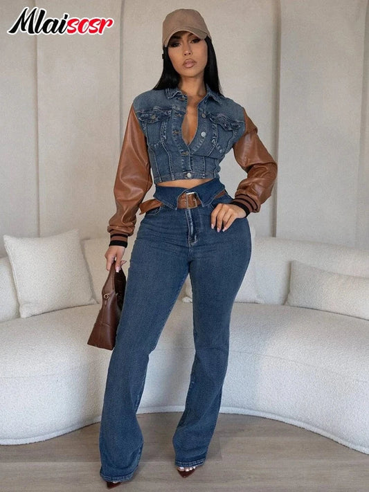 Mlaiscsr Fall Winter Fashion Pu Leather Long Sleeve Patchwork Stretch Denim Jacket and Jeans Pants 2 Piece Set Women Streetwear