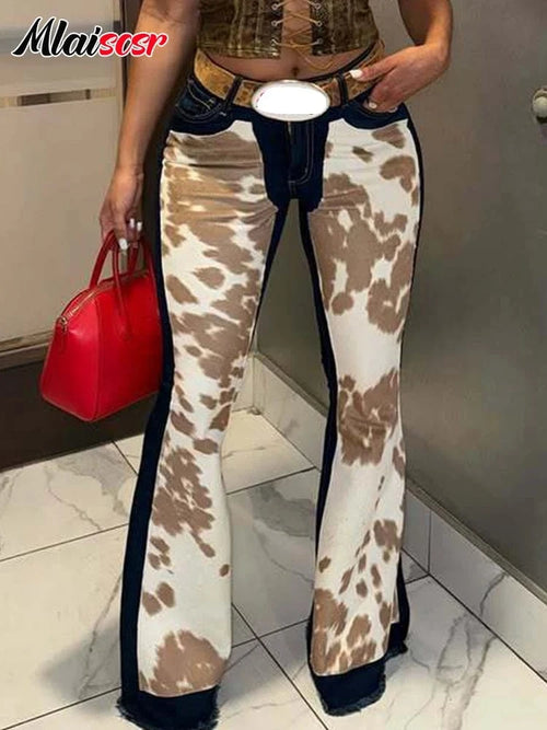 Mlaiscsr Fashion High Street Printed Patchwork Stretch Jeans Women Sales Button Boot Cut Denim Flare Pants Boyfriend Trousers