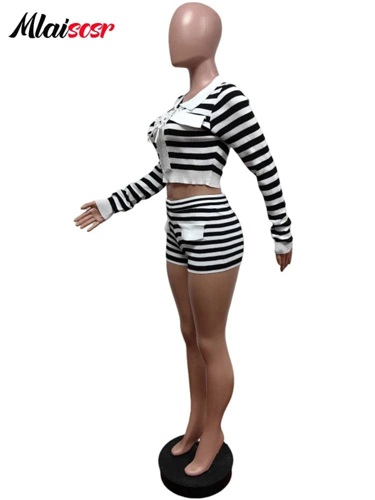 Mlaiscsr Fashion Knitting Black White Striped 2 Pieces Shorts Women Set Long Sleeve Tops and Elastic Waist Short Pants Suit 2025
