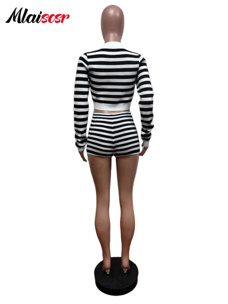 Mlaiscsr Fashion Knitting Black White Striped 2 Pieces Shorts Women Set Long Sleeve Tops and Elastic Waist Short Pants Suit 2025