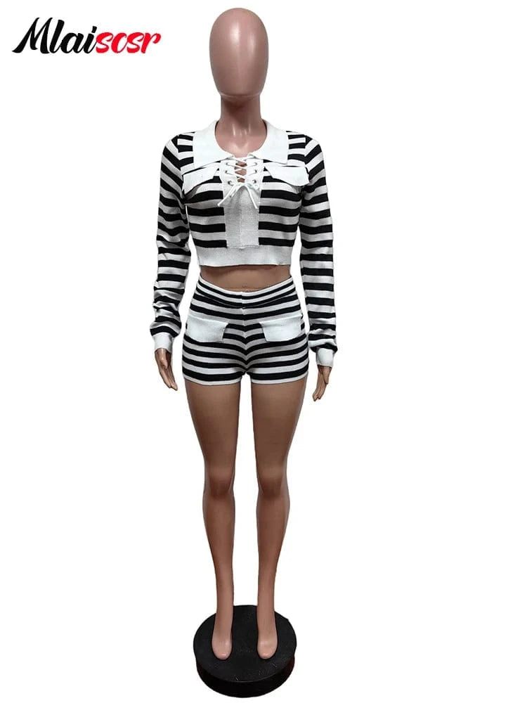 Mlaiscsr Fashion Knitting Black White Striped 2 Pieces Shorts Women Set Long Sleeve Tops and Elastic Waist Short Pants Suit 2025
