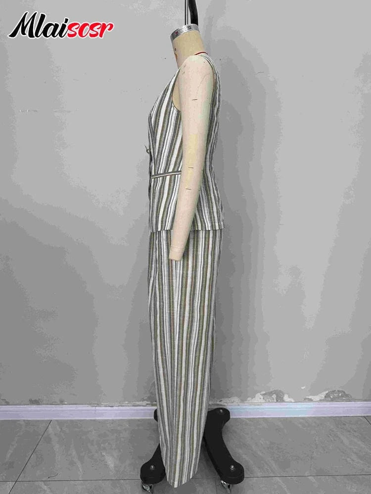 Mlaiscsr Women's Stripe Sleeveless V Neck Top and High Waist Wide Leg Pants 2 Piece Set Summer Office New Europe America Outfits