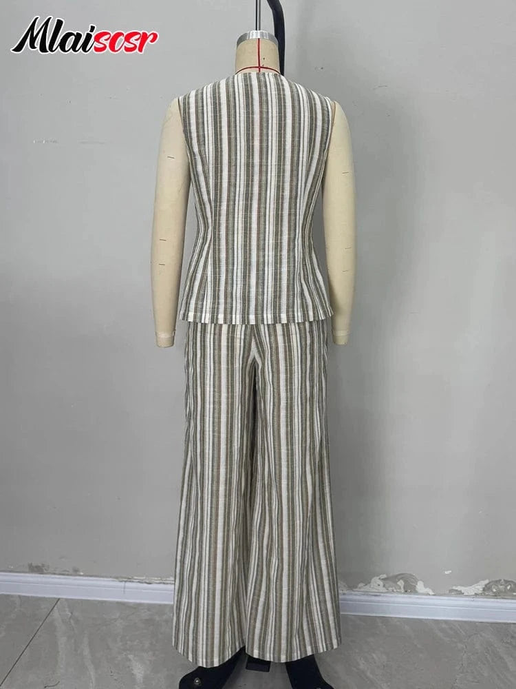 Mlaiscsr Women's Stripe Sleeveless V Neck Top and High Waist Wide Leg Pants 2 Piece Set Summer Office New Europe America Outfits