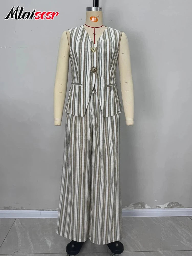 Mlaiscsr Women's Stripe Sleeveless V Neck Top and High Waist Wide Leg Pants 2 Piece Set Summer Office New Europe America Outfits