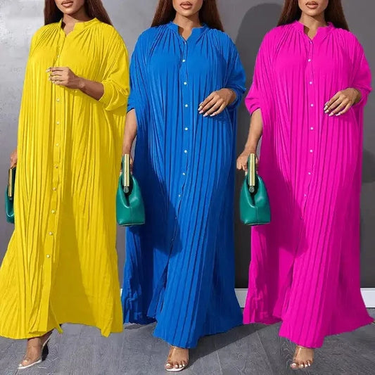 Modest 2024 Spring Solid Long Sleeve Single Breasted Blouse Shirt Dress Islamic African Loose Robe Dress Plus Size S-5Xl