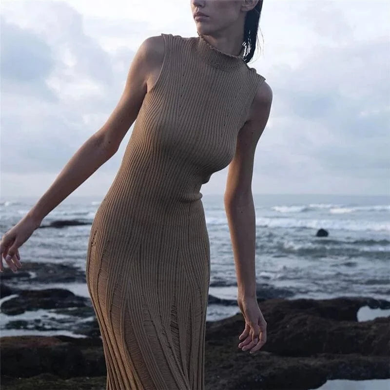 Modest Women Sleeveless Solid Stand Neck Knitted Sweater Bodycon Dress Y2K Slim Style Party Night Club Wear