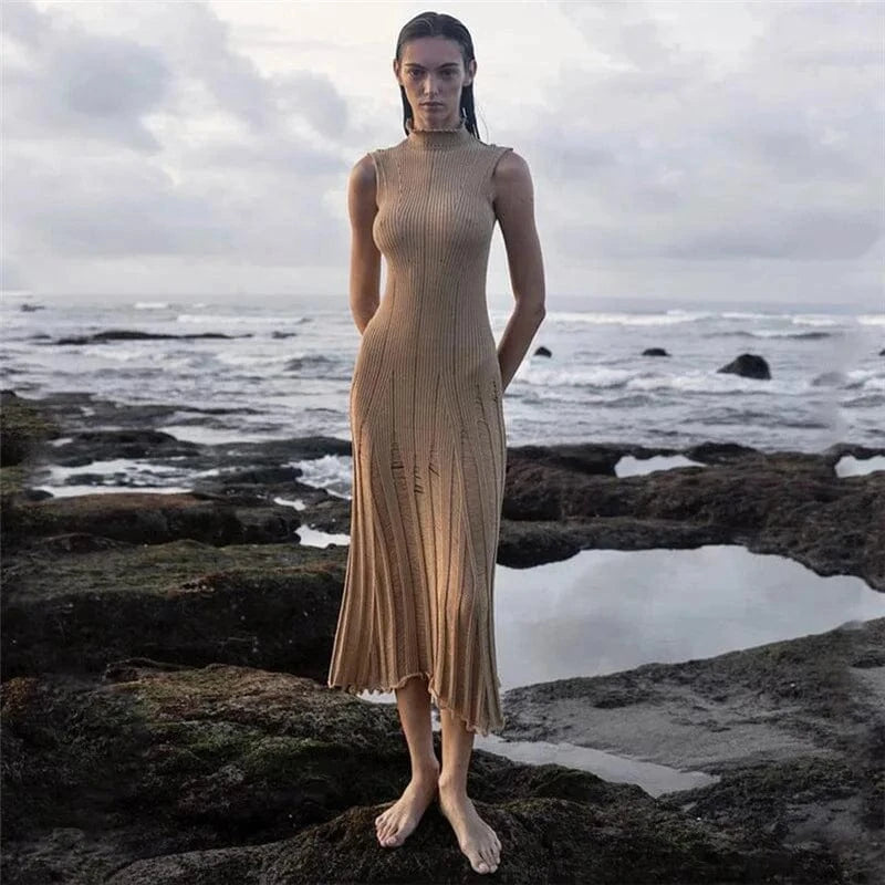 Modest Women Sleeveless Solid Stand Neck Knitted Sweater Bodycon Dress Y2K Slim Style Party Night Club Wear