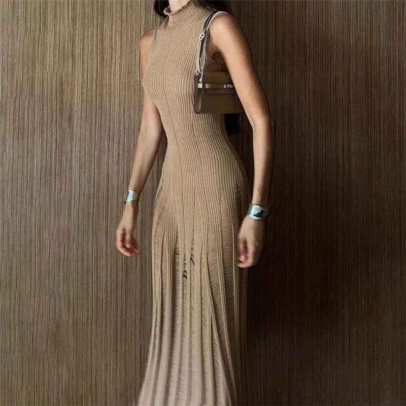 Modest Women Sleeveless Solid Stand Neck Knitted Sweater Bodycon Dress Y2K Slim Style Party Night Club Wear