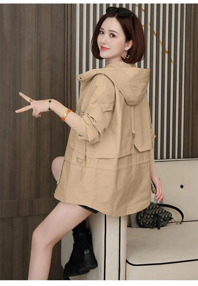 Mother's Windbreaker Women's Spring And Autumn 2023 New Middle-Aged Mother's Loose And Thin Coat Korean Lining Trench Hooded 3XL