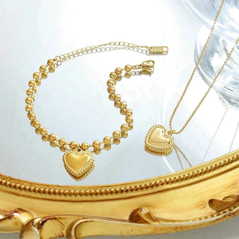 mothers day Heart temperament lace stainless steel bracelet necklace jewelry sets