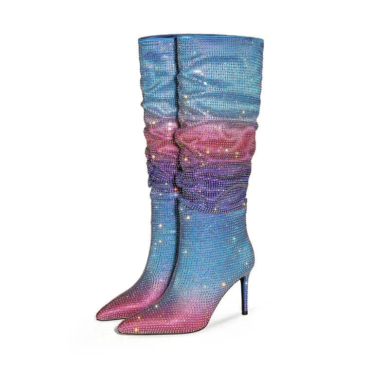 Mujer Women Knee High Heels 8.5-9.5cm Rainbow Gradient Full Drill Knee High Heel Boots Ladies Boots for Women Shoes