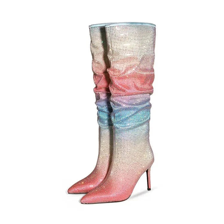 Mujer Women Knee High Heels 8.5-9.5cm Rainbow Gradient Full Drill Knee High Heel Boots Ladies Boots for Women Shoes