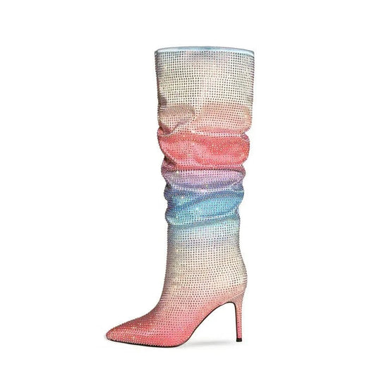 Mujer Women Knee High Heels 8.5-9.5cm Rainbow Gradient Full Drill Knee High Heel Boots Ladies Boots for Women Shoes