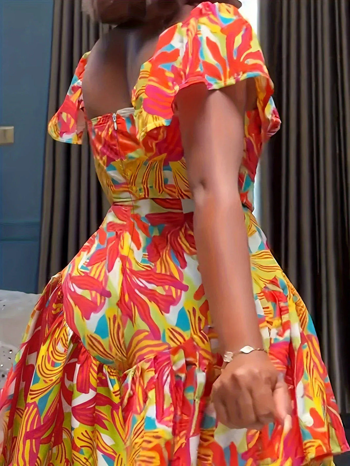 Multi Colored Leaf Print Square Collar Pleated Sleeves Jumpsuit - SN Wigs & More
