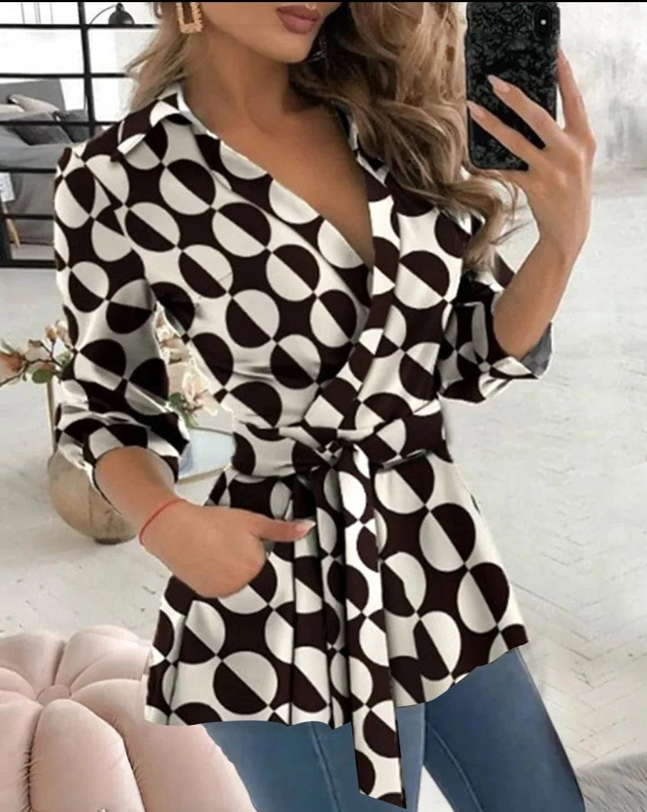 MULTI / L Spring Autumn Printed Work Shirt Tops Women Casual V Neck Long Sleeve Party Club Business Blouse Top with Belt