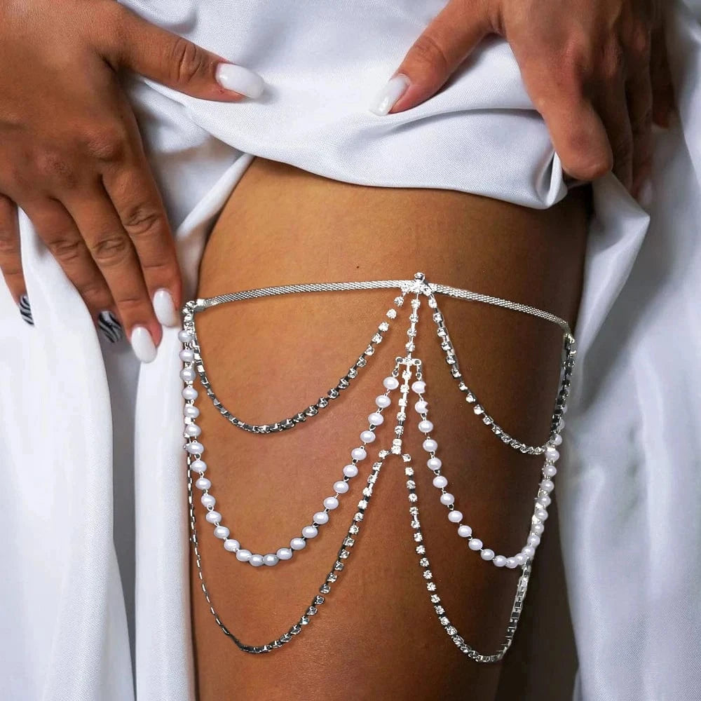 Multi Layers White Pearl Rhinestone Leg Chain Jewelry For Women Girls Nightclub Party Sexy Shiny Crystal Body Chain Hot Sale