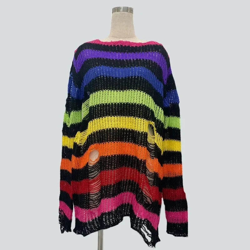 Multi / One Size 90s Goth Punk Women Street Fashion Stripe Loose Gothic Knitted Ripped Distressed Design Jumper Oversized Pullovers Top Sweater
