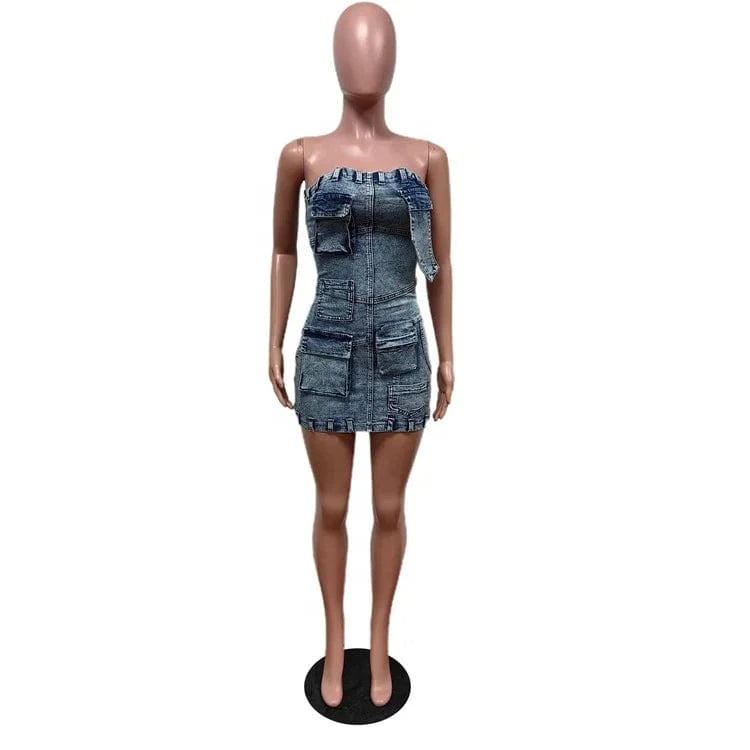 Multi Pockets Denim Short Dress Sexy Women Strapless Elegant Blue Jeans Casual Mini Dress