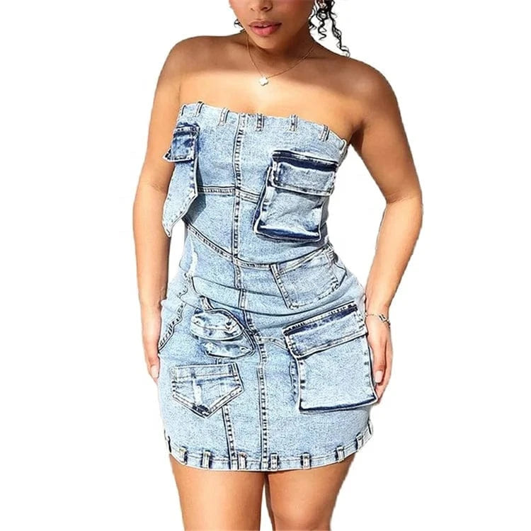Multi Pockets Denim Short Dress Sexy Women Strapless Elegant Blue Jeans Casual Mini Dress