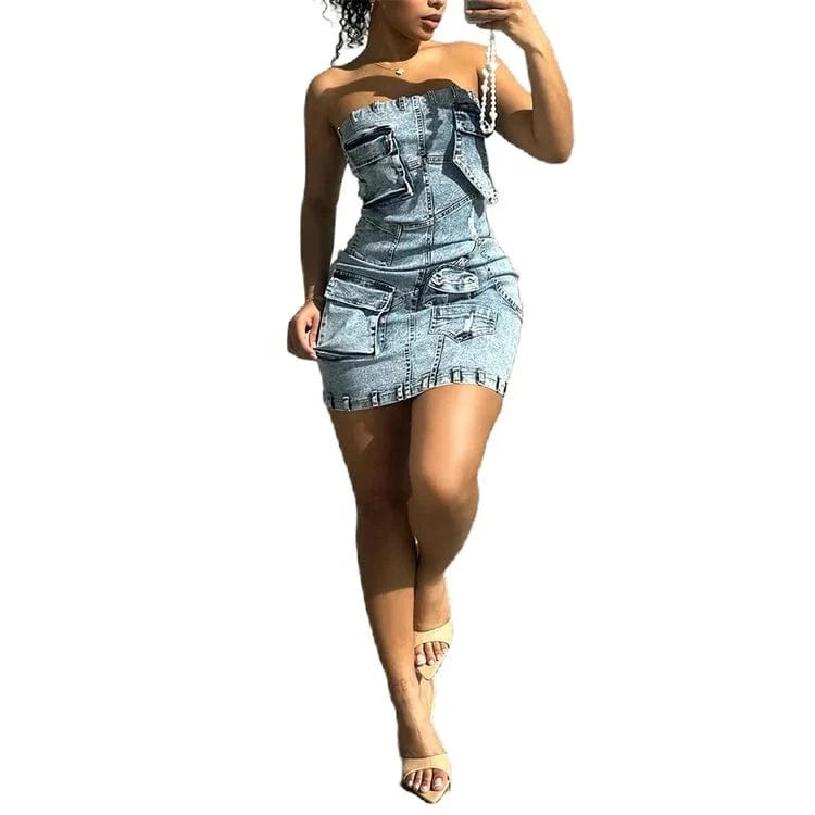Multi Pockets Denim Short Dress Sexy Women Strapless Elegant Blue Jeans Casual Mini Dress