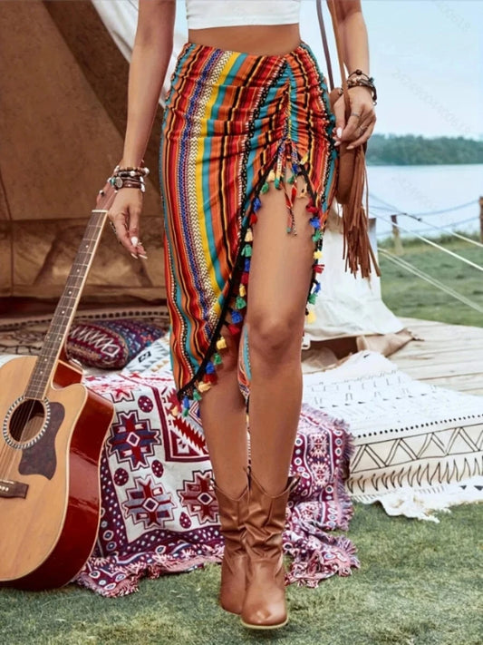 MULTI / S The 2025 Summer Music Festival Women's Pleated Skirt Features Color Blocks Stripes And Asymmetrical Ruffled Decorations