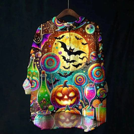 MULTI / XL Women's New Halloween Printed Shirt Luxury Chic Pullover Loose Casual Long Sleeve POLO Shirt High Quality Cotton Street Clothing
