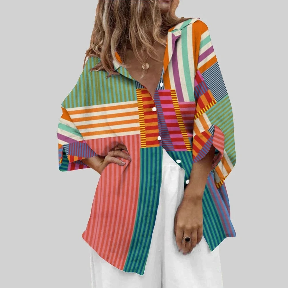 MULTI / XXL Fashion Striped Splicing Shirt Women's Casual Dopamine Style Summer Beach Top High Quality Loose Lapel Long Sleeve Shirt Chic