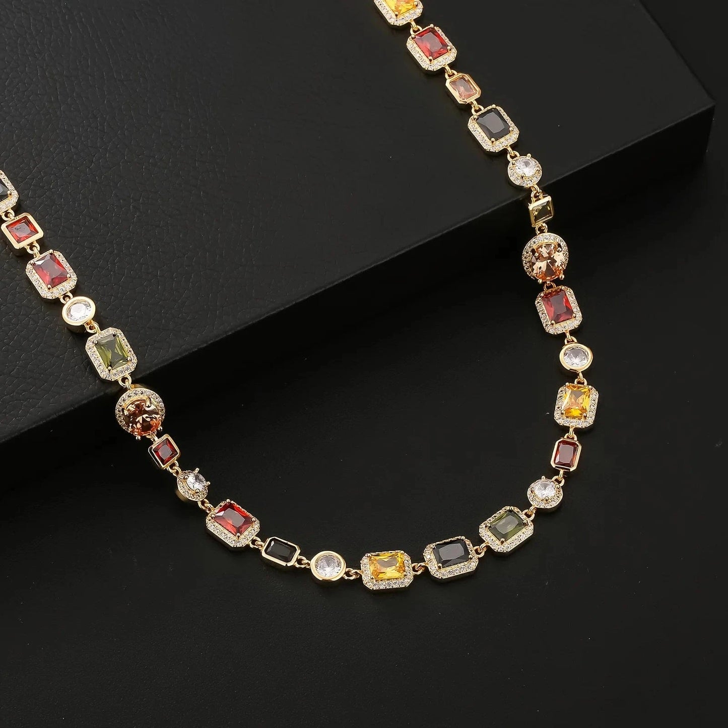 Multicolor CZ Rainbow Chain Choker 18K Gold Plated Multi Gems ZIRCON Jewelry Women 10mm Gold Colorful Gemstone Necklace for Men